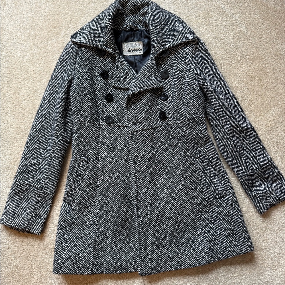 Guess Black and White Herringbone Pea Coat